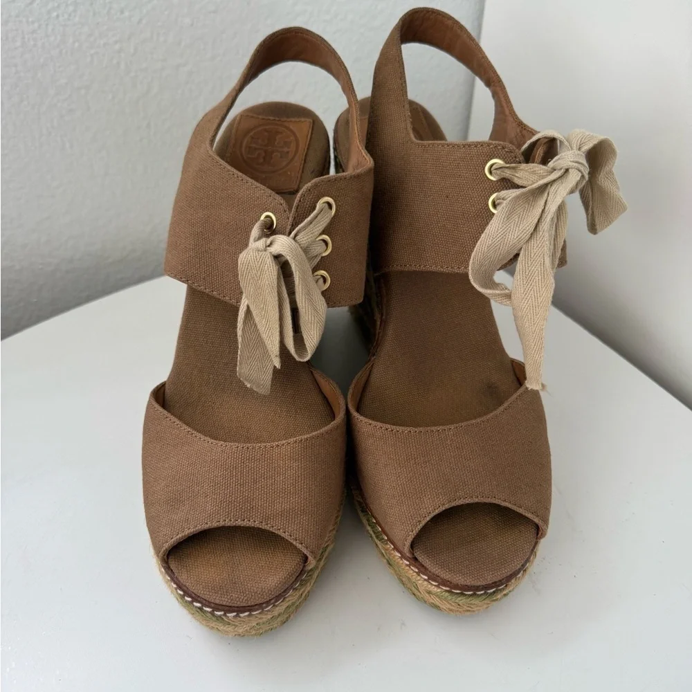 Tory Burch Linley Lace Up Espadrille Wedge in Black Size 9